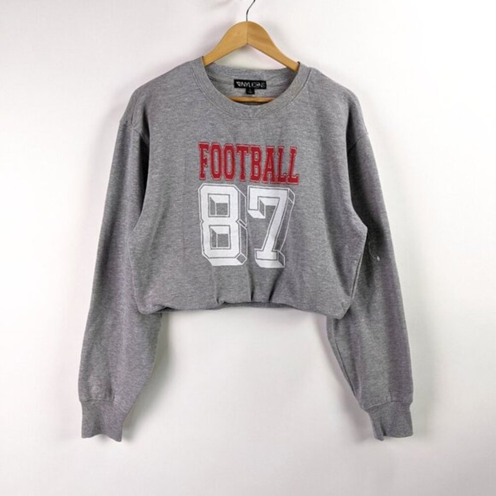 The Vinyl Icons Size L Womens Long Sleeve Gray Football Bubble Hem Crop Top